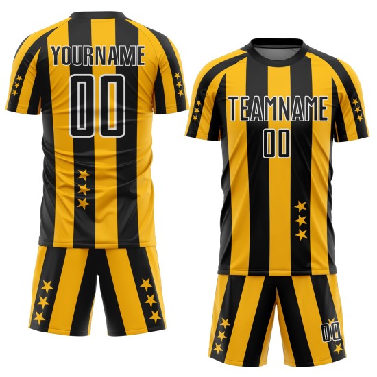Maillot de football noir et blanc à sublimation étoiles et uniforme, carrés dorés personnalisés