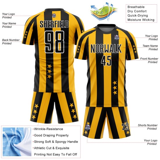 Maillot de football noir et blanc à sublimation étoiles et uniforme, carrés dorés personnalisés