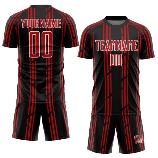 Maillot de football noir à rayures rouges et blanches, sublimation, personnalisé Maillot de football noir à rayures rouges et blanches, sublimation, personnalisé