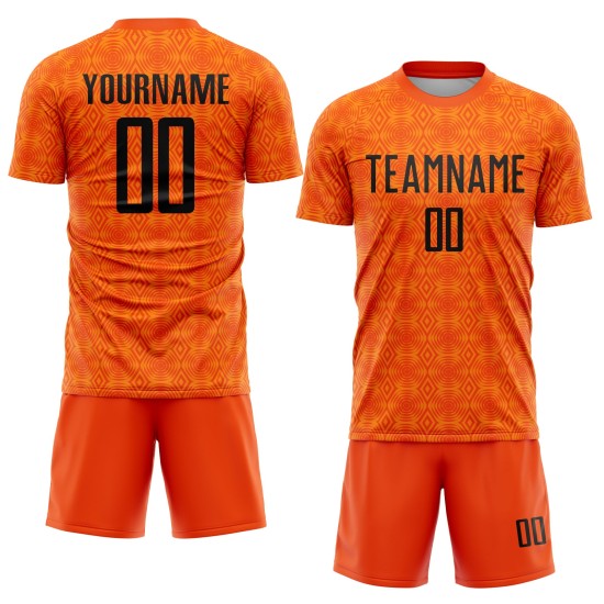 Maillot de football personnalisé à sublimation géométrique orange, uniforme Black-Bay Maillot de football personnalisé à sublimation géométrique orange, uniforme Black-Bay