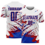 Maillot de football personnalisé Splash bleu-rouge blanc, fragment de sublimation, motif abstrait Thunder Maillot de football personnalisé Splash bleu-rouge blanc, fragment de sublimation, motif abstrait Thunder