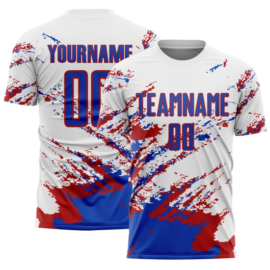 Maillot de football personnalisé Splash bleu-rouge blanc, fragment de sublimation, motif abstrait Thunder Maillot de football personnalisé Splash bleu-rouge blanc, fragment de sublimation, motif abstrait Thunder