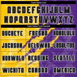 Maillot de football personnalisé violet, uniforme jaune-gris, sublimation, motif graffiti rayé, noir Maillot de football personnalisé violet, uniforme jaune-gris, sublimation, motif graffiti rayé, noir