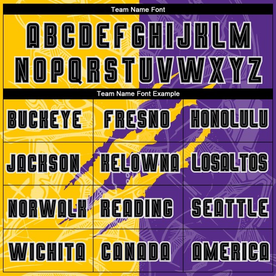 Maillot de football personnalisé violet, uniforme jaune-gris, sublimation, motif graffiti rayé, noir Maillot de football personnalisé violet, uniforme jaune-gris, sublimation, motif graffiti rayé, noir