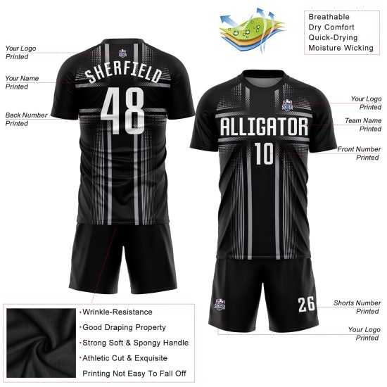 Maillot de football personnalisé par sublimation, noir, blanc et gris Maillot de football personnalisé par sublimation, noir, blanc et gris