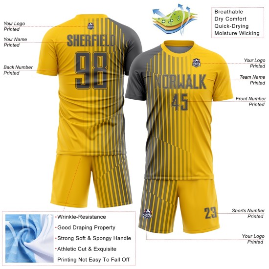 Maillot de football personnalisé avec lignes en acier jaune et gris, sublimation Maillot de football personnalisé avec lignes en acier jaune et gris, sublimation