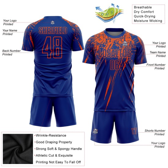 Maillot de football personnalisé par sublimation, uniforme royal orange Maillot de football personnalisé par sublimation, uniforme royal orange