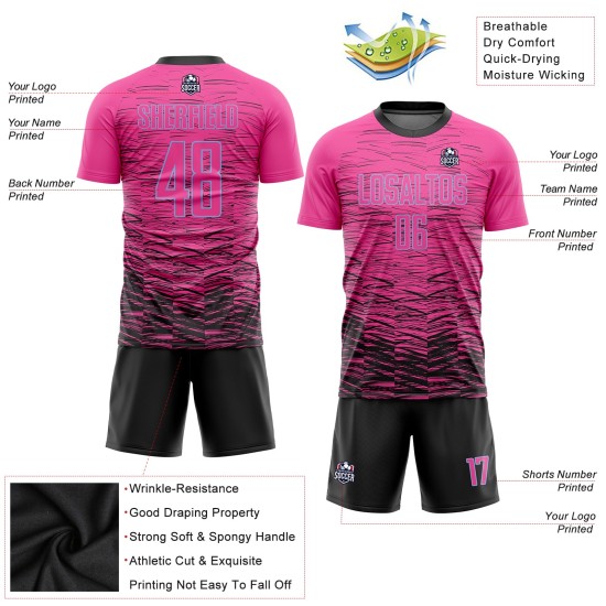 Maillot de football bleu personnalisé par sublimation, noir et rose clair Maillot de football bleu personnalisé par sublimation, noir et rose clair