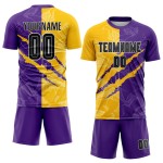 Maillot de football personnalisé violet, uniforme jaune-gris, sublimation, motif graffiti rayé, noir Maillot de football personnalisé violet, uniforme jaune-gris, sublimation, motif graffiti rayé, noir
