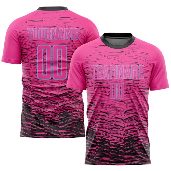 Maillot de football bleu personnalisé par sublimation, noir et rose clair Maillot de football bleu personnalisé par sublimation, noir et rose clair