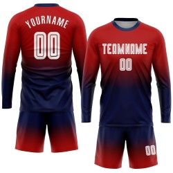 Maillot de football personnalisé à manches longues, rouge, blanc et bleu marine, à sublimation, tendance