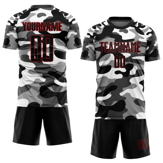 Maillot de football camouflage à sublimation noir et rouge Salute Custom Service Maillot de football camouflage à sublimation noir et rouge Salute Custom Service