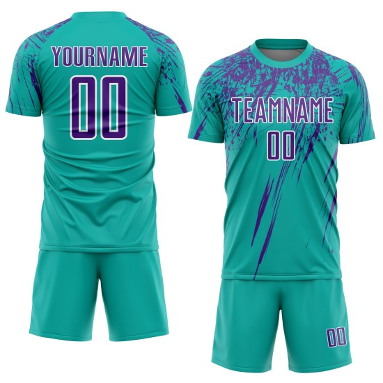 Maillot de football personnalisé à sublimation violet et blanc Aqua Maillot de football personnalisé à sublimation violet et blanc Aqua