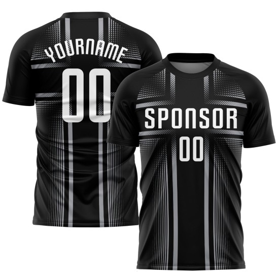 Maillot de football personnalisé par sublimation, noir, blanc et gris Maillot de football personnalisé par sublimation, noir, blanc et gris