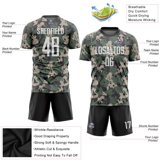 Maillot de football camouflage uniforme personnalisé pour saluer le service, blanc et noir, sublimation Maillot de football camouflage uniforme personnalisé pour saluer le service, blanc et noir, sublimation