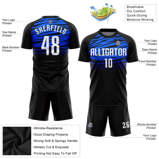 Maillot de football personnalisé à sublimation noir, blanc et bleu royal Maillot de football personnalisé à sublimation noir, blanc et bleu royal