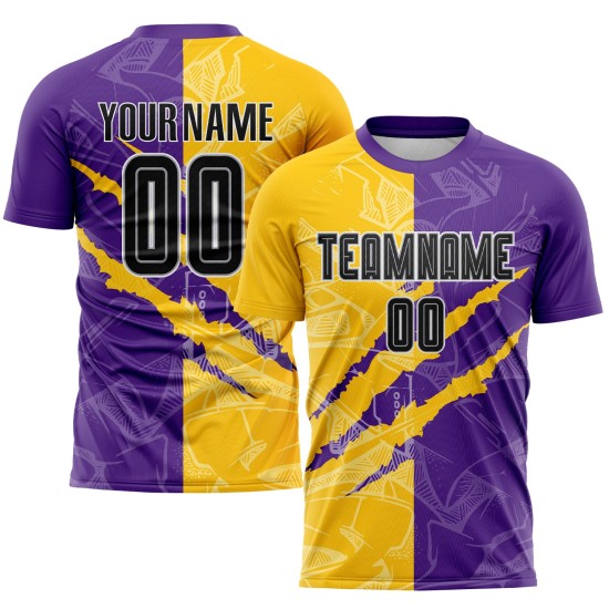 Maillot de football personnalisé violet, uniforme jaune-gris, sublimation, motif graffiti rayé, noir Maillot de football personnalisé violet, uniforme jaune-gris, sublimation, motif graffiti rayé, noir