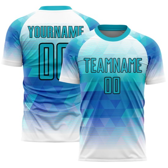 Maillot de football blanc à sublimation géométrique, uniforme personnalisé, triangle sarcelle Maillot de football blanc à sublimation géométrique, uniforme personnalisé, triangle sarcelle