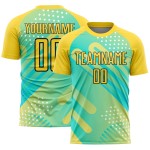 Maillot de football personnalisé à pois verts, imprimé uniforme, jaune et noir, à sublimation Maillot de football personnalisé à pois verts, imprimé uniforme, jaune et noir, à sublimation