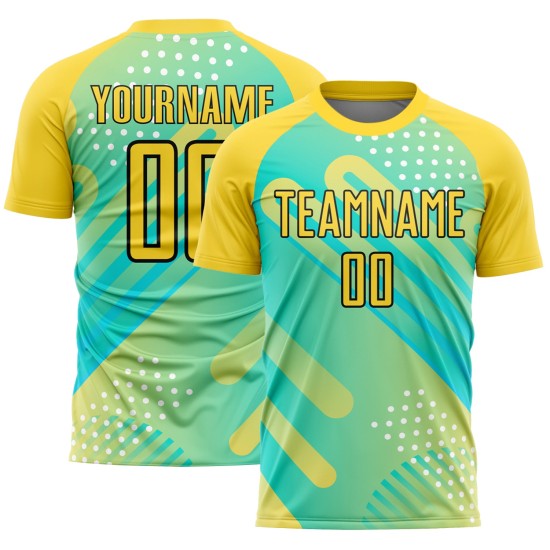 Maillot de football personnalisé à pois verts, imprimé uniforme, jaune et noir, à sublimation Maillot de football personnalisé à pois verts, imprimé uniforme, jaune et noir, à sublimation