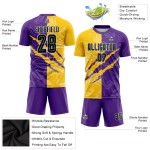 Maillot de football personnalisé violet, uniforme jaune-gris, sublimation, motif graffiti rayé, noir Maillot de football personnalisé violet, uniforme jaune-gris, sublimation, motif graffiti rayé, noir