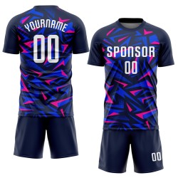 Maillot de football personnalisé bleu marine, sublimation, blanc et rose