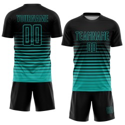Maillot de football noir à rayures fines, personnalisé par sublimation, dégradé Aqua