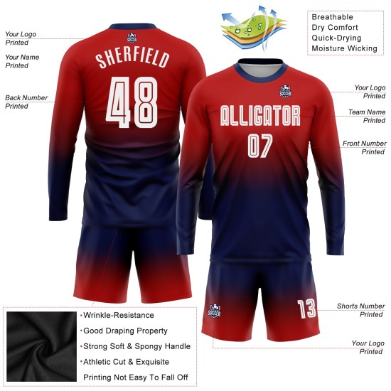 Maillot de football personnalisé à manches longues, rouge, blanc et bleu marine, à sublimation, tendance Maillot de football personnalisé à manches longues, rouge, blanc et bleu marine, à sublimation, tendance
