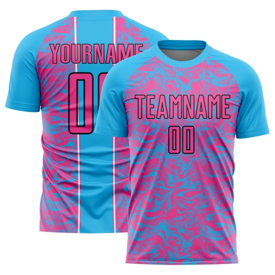 Maillot de football personnalisé Sky bleu fluide abstrait rose-noir sublimation Maillot de football personnalisé Sky bleu fluide abstrait rose-noir sublimation