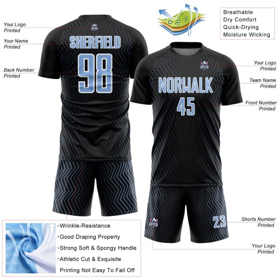 Maillot de football à lignes sublimées, uniforme, noir clair, motif géométrique personnalisé, bleu et blanc Maillot de football à lignes sublimées, uniforme, noir clair, motif géométrique personnalisé, bleu et blanc