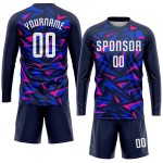 Maillot de football personnalisé bleu marine, sublimation, blanc et rose Maillot de football personnalisé bleu marine, sublimation, blanc et rose