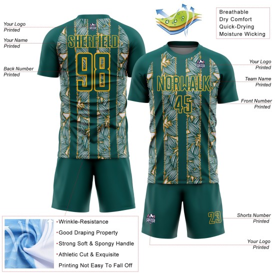 Maillot personnalisé doré, uniforme de football vert nuit, fleurs sublimées Maillot personnalisé doré, uniforme de football vert nuit, fleurs sublimées