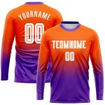 Maillot de football personnalisé à manches longues, dégradé blanc-violet, sublimation orange Maillot de football personnalisé à manches longues, dégradé blanc-violet, sublimation orange