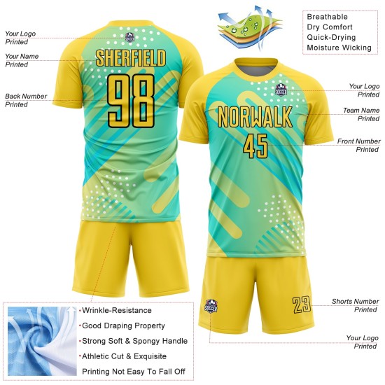 Maillot de football personnalisé à pois verts, imprimé uniforme, jaune et noir, à sublimation Maillot de football personnalisé à pois verts, imprimé uniforme, jaune et noir, à sublimation