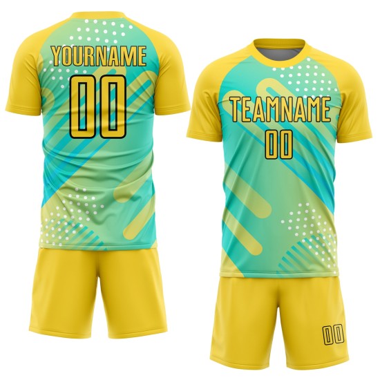 Maillot de football personnalisé à pois verts, imprimé uniforme, jaune et noir, à sublimation Maillot de football personnalisé à pois verts, imprimé uniforme, jaune et noir, à sublimation