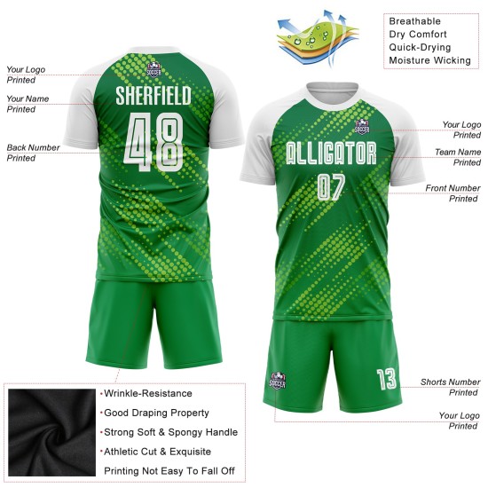 Maillot de football blanc fluo Kelly, uniforme de football personnalisé, vert sublimé Maillot de football blanc fluo Kelly, uniforme de football personnalisé, vert sublimé