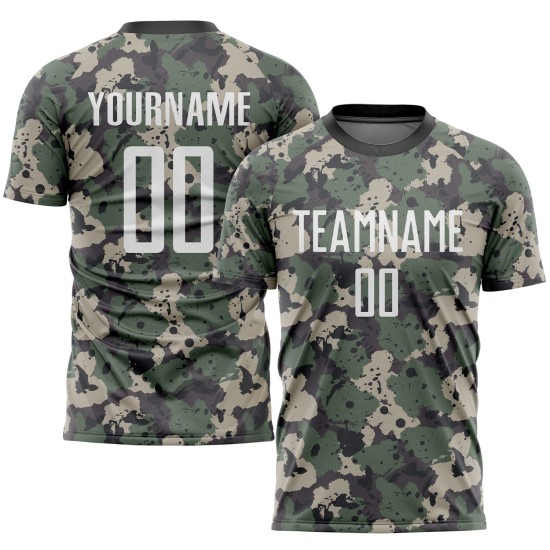Maillot de football camouflage uniforme personnalisé pour saluer le service, blanc et noir, sublimation Maillot de football camouflage uniforme personnalisé pour saluer le service, blanc et noir, sublimation