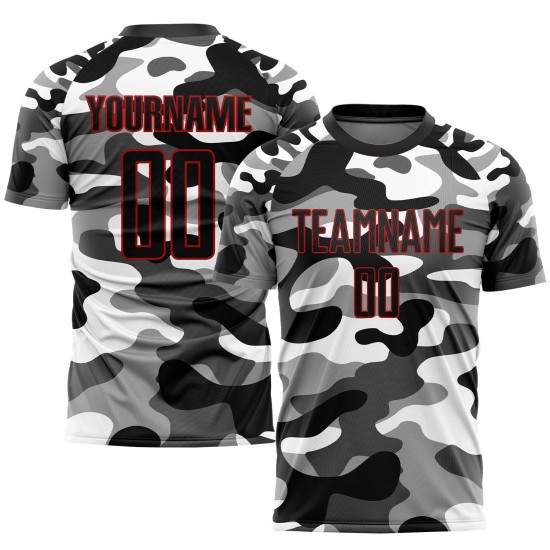 Maillot de football camouflage à sublimation noir et rouge Salute Custom Service Maillot de football camouflage à sublimation noir et rouge Salute Custom Service