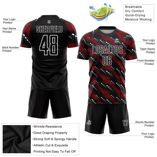 Maillot de football noir personnalisé par sublimation, rouge et blanc