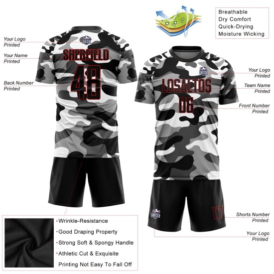 Maillot de football camouflage à sublimation noir et rouge Salute Custom Service Maillot de football camouflage à sublimation noir et rouge Salute Custom Service