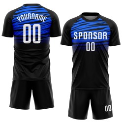 Maillot de football personnalisé à sublimation noir, blanc et bleu royal