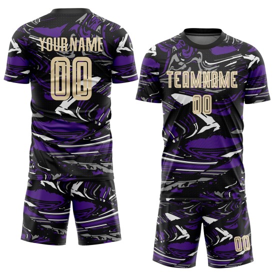 Maillot personnalisé par sublimation crème-violet City Uniform Figure Soccer Maillot personnalisé par sublimation crème-violet City Uniform Figure Soccer