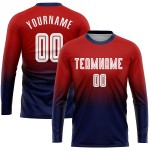 Maillot de football personnalisé à manches longues, rouge, blanc et bleu marine, à sublimation, tendance Maillot de football personnalisé à manches longues, rouge, blanc et bleu marine, à sublimation, tendance