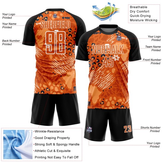 Maillot de football personnalisé orange et noir, motif africain, sublimation Maillot de football personnalisé orange et noir, motif africain, sublimation