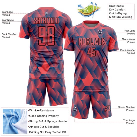 Maillot de football personnalisé à sublimation géométrique rouge et feu, formes noires Maillot de football personnalisé à sublimation géométrique rouge et feu, formes noires