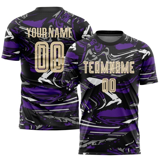 Maillot personnalisé par sublimation crème-violet City Uniform Figure Soccer Maillot personnalisé par sublimation crème-violet City Uniform Figure Soccer