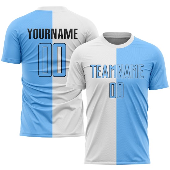 Maillot de football personnalisé bleu-noir, uniforme de mode, blanc clair, sublimation fendue Maillot de football personnalisé bleu-noir, uniforme de mode, blanc clair, sublimation fendue