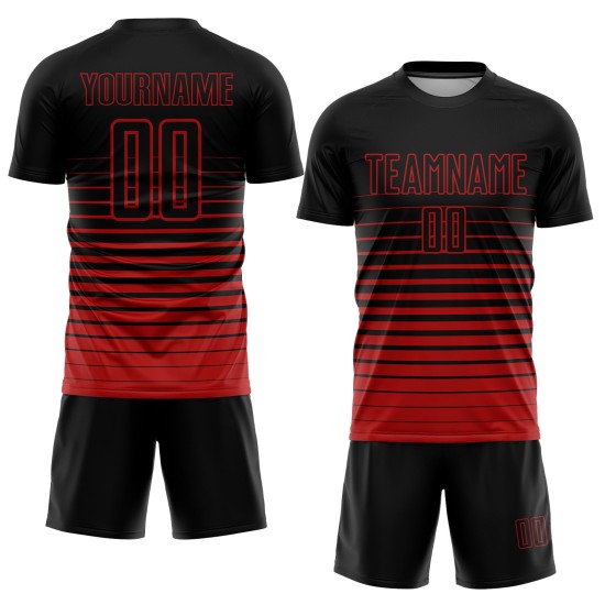 Maillot de football personnalisé à rayures fines, dégradé rouge et noir, par sublimation Maillot de football personnalisé à rayures fines, dégradé rouge et noir, par sublimation