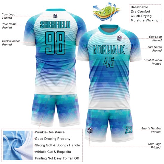 Maillot de football blanc à sublimation géométrique, uniforme personnalisé, triangle sarcelle Maillot de football blanc à sublimation géométrique, uniforme personnalisé, triangle sarcelle