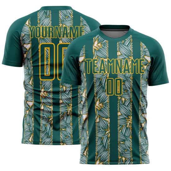 Maillot personnalisé doré, uniforme de football vert nuit, fleurs sublimées Maillot personnalisé doré, uniforme de football vert nuit, fleurs sublimées